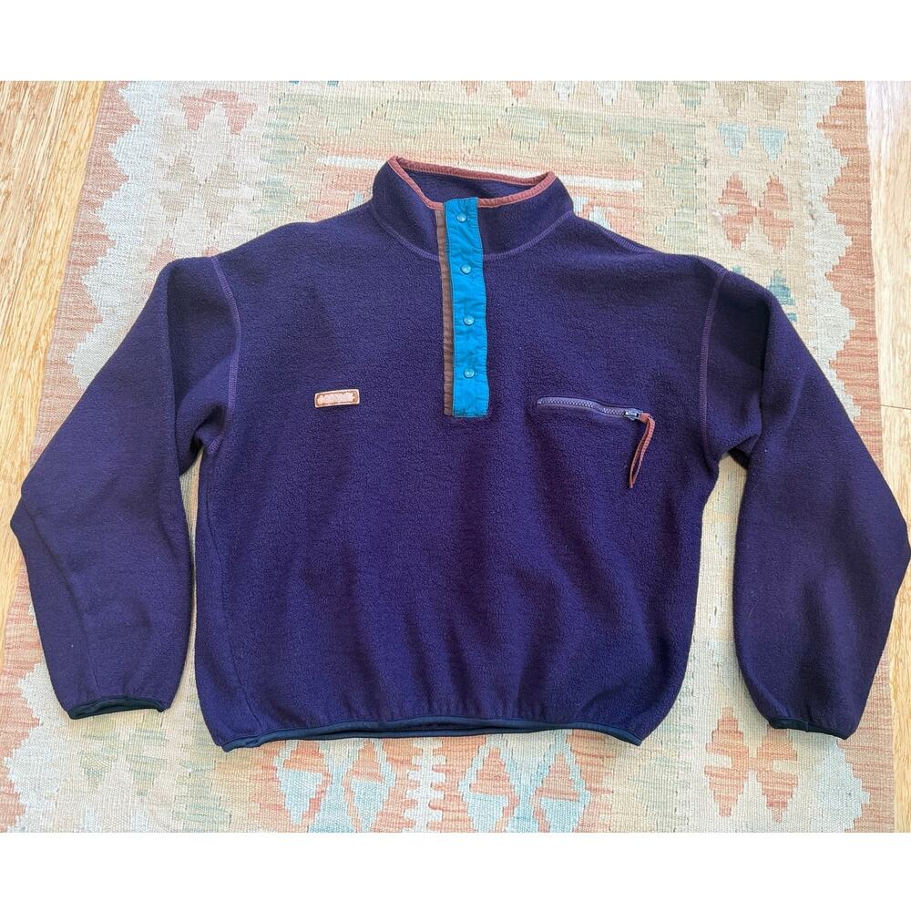 Vintage 1990s Columbia Fleece Pullover – Size L USA Made Purple Teal Brown Snap